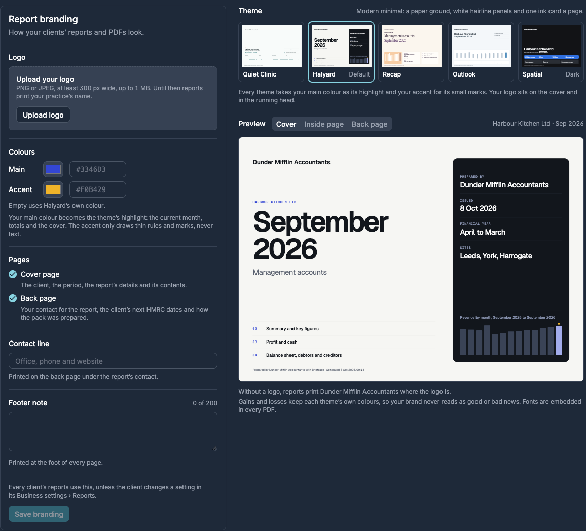 Report branding settings with the logo, colours, pages, contact line and footer note, the five themes and a preview of the cover