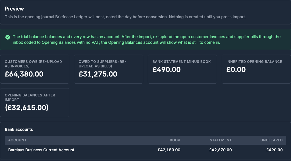 The Preview step with the amounts customers owe and suppliers are owed, the bank statement difference and the bank accounts