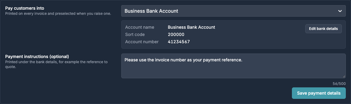Pay customers into set to a bank account, with payment instructions underneath