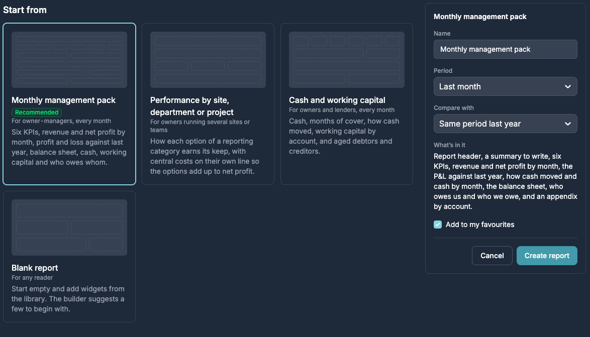 Start from a template The New report page with four templates and the settings for a monthly management pack