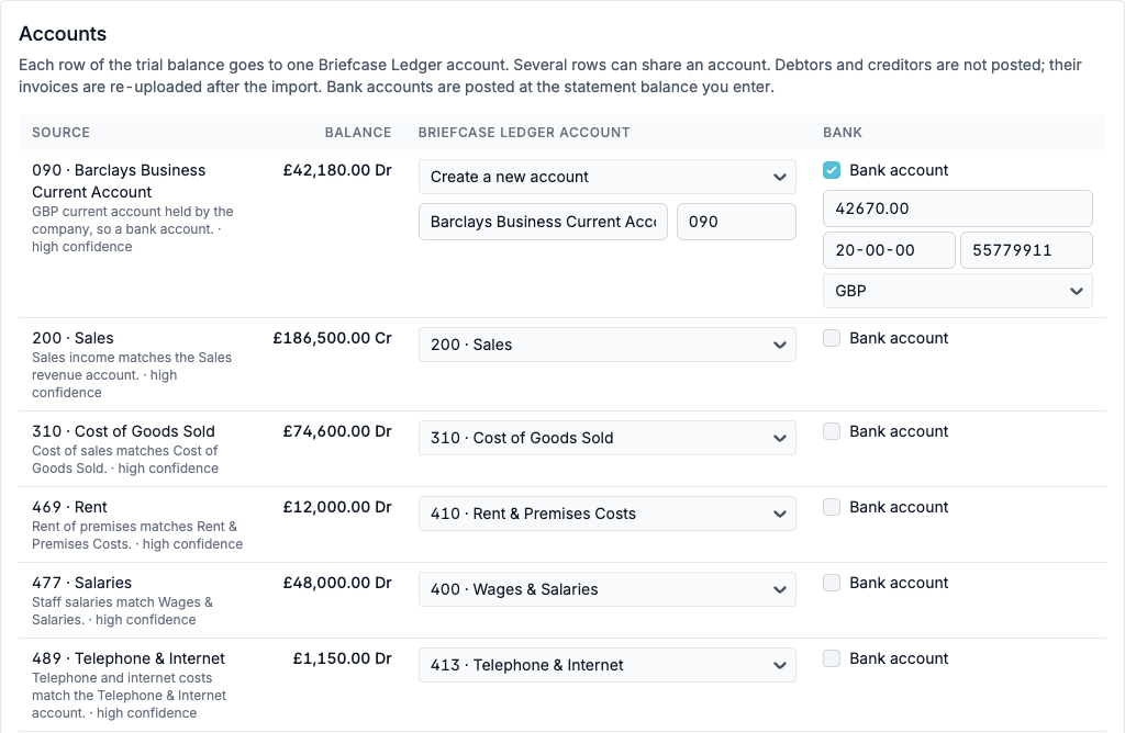 The Accounts step with the suggested Briefcase Ledger account for each row and a bank account with its statement balance, sort code and account number