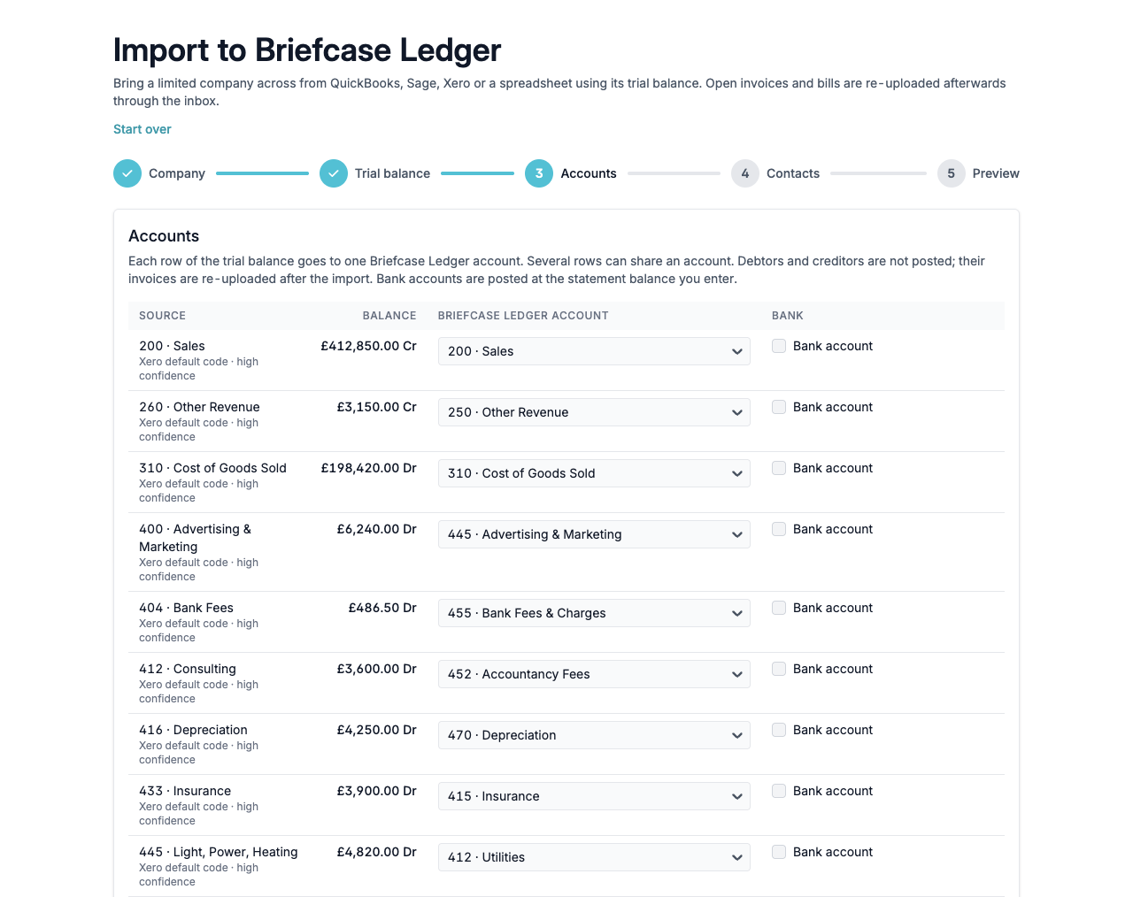 The Accounts step with each trial balance row, its balance and the suggested Briefcase Ledger account