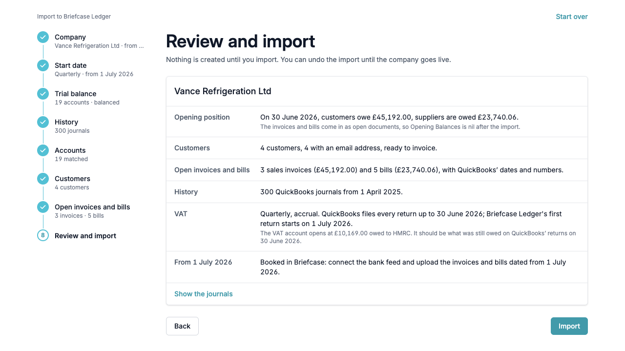 The Review and import step summarising the opening position, customers, open items, history and VAT