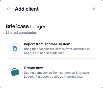 Import from another system The Add client window with Import from another system and Create new