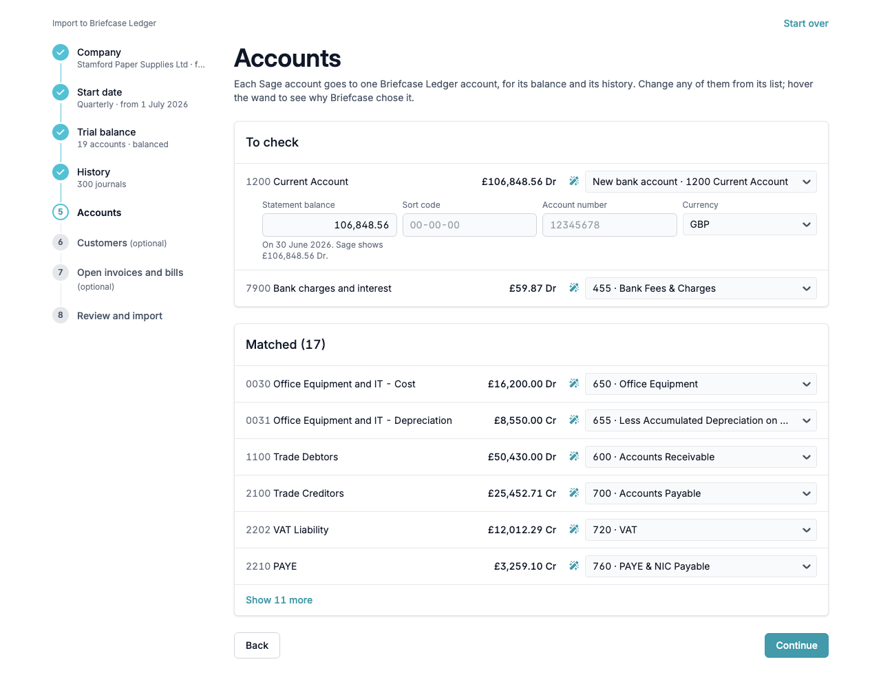The Accounts step with the bank account details and the matched accounts