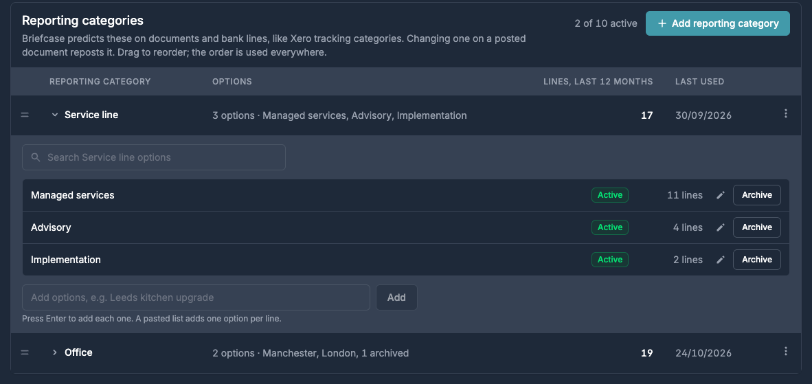 Reporting categories in Business settings, with a Service line category open to show its options
