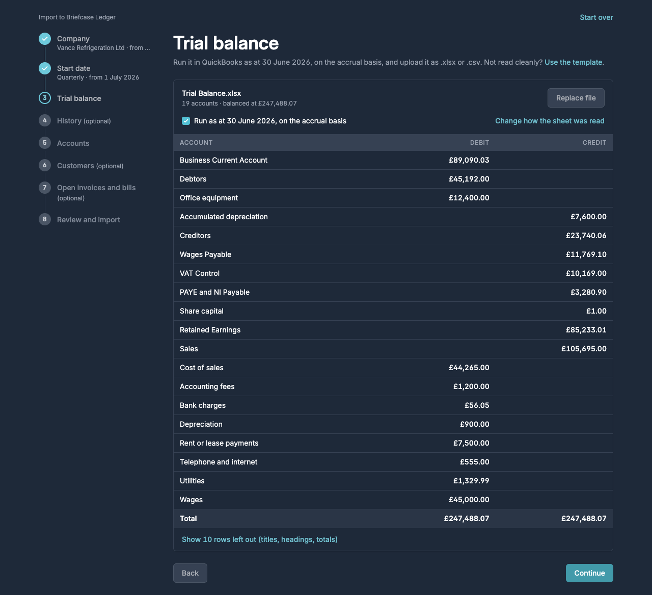 The Trial balance step showing the accounts read from the QuickBooks trial balance