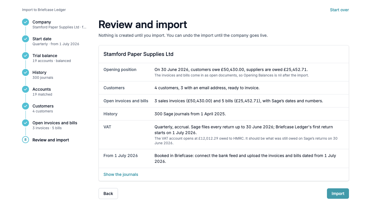 The Review and import step summarising the opening position, customers, open items, history and VAT