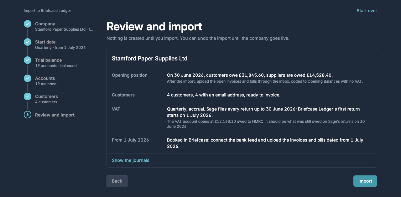 Review and import The Review and import step summarising the opening position, customers and VAT