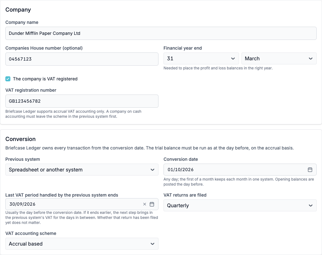 The Company step with the company details, VAT details, previous system and conversion date