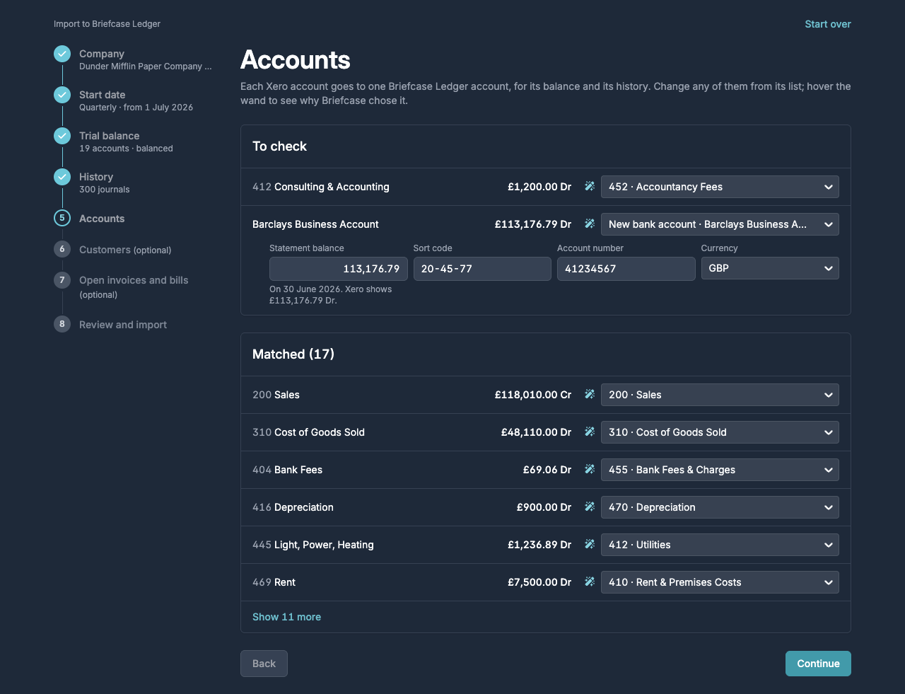The Accounts step with the accounts to check, a bank account with its details, and the matched accounts