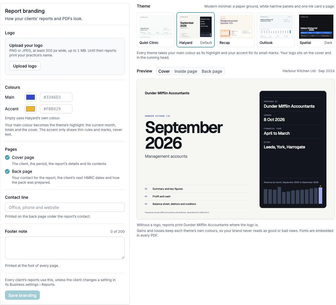 Report branding settings with the logo, colours, pages, contact line and footer note, the five themes and a preview of the cover