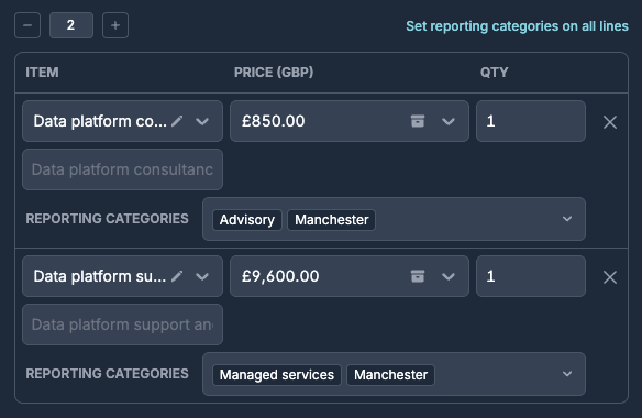Two sales invoice lines, each with its own reporting categories, and the Set reporting categories on all lines link