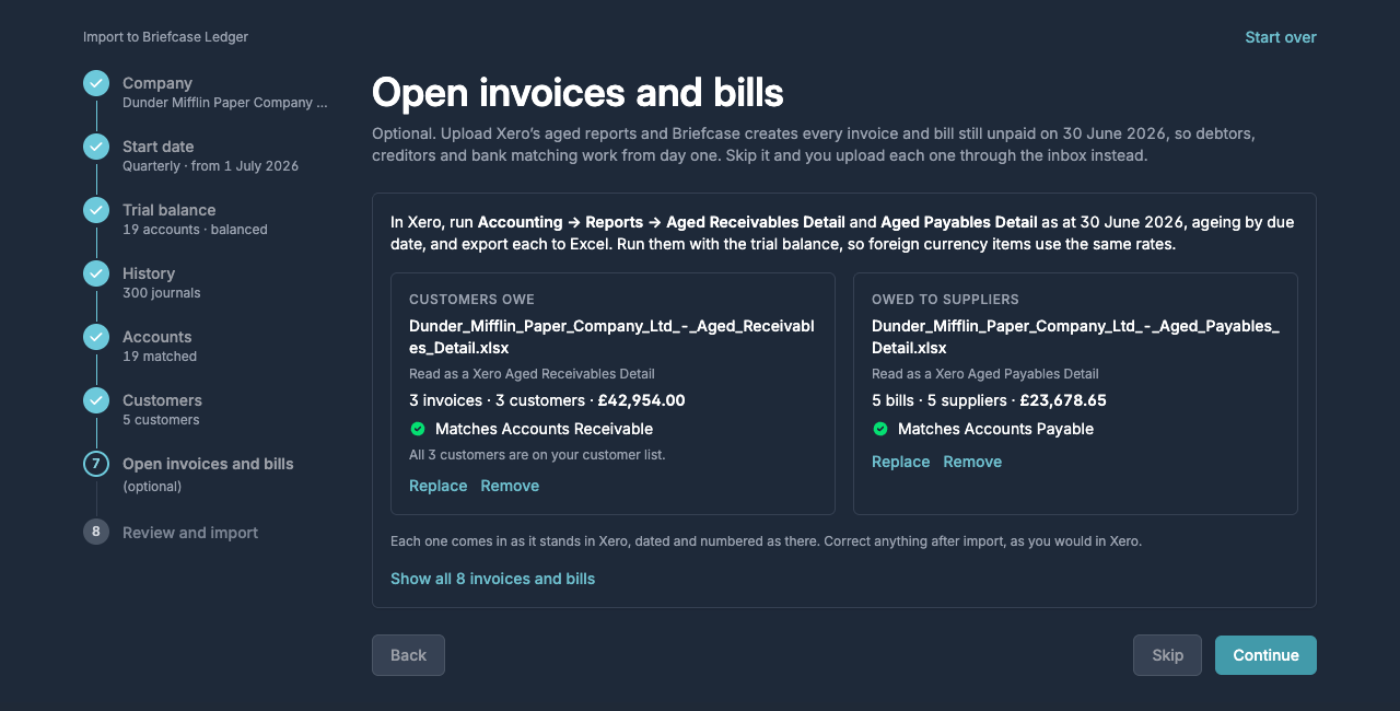The Open invoices and bills step with both aged reports matching their accounts