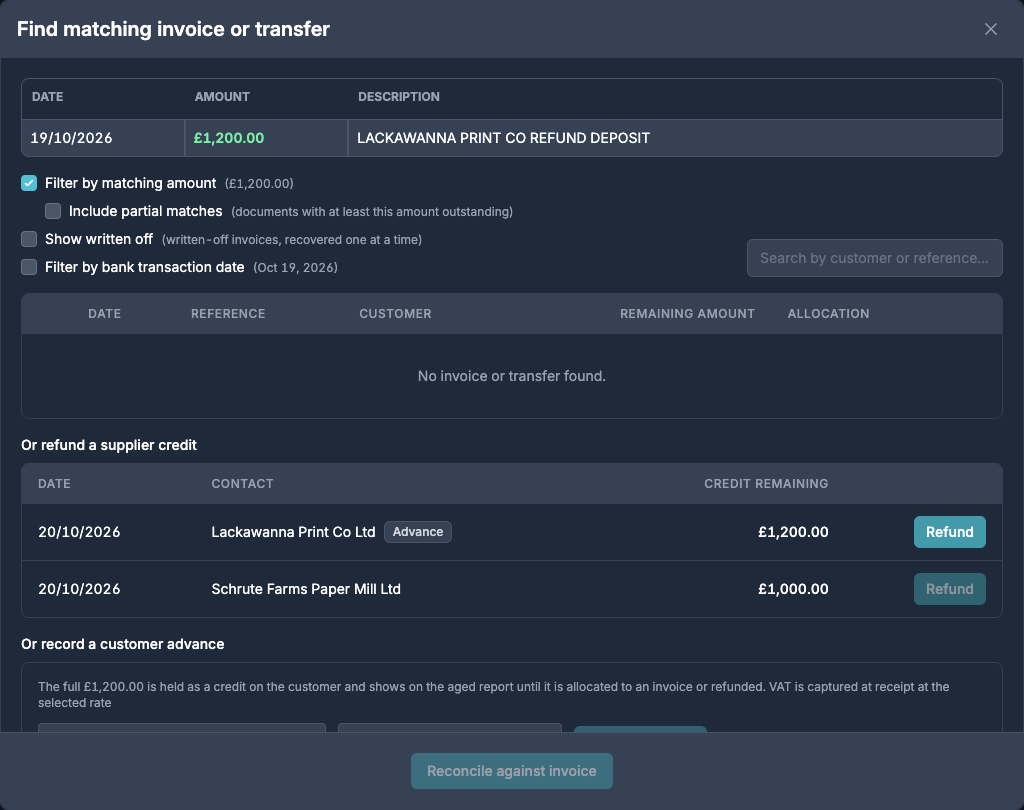 The Match window for £1,200.00 received, listing open supplier credits with a Refund button next to the £1,200.00 advance