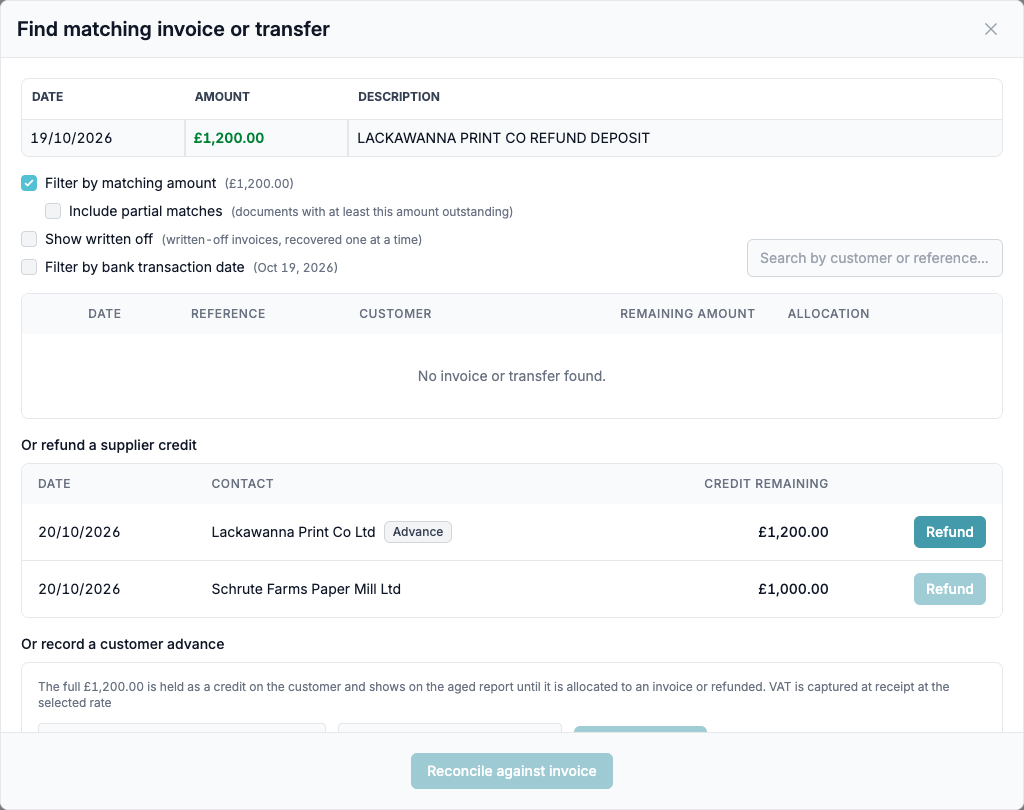 The Match window for £1,200.00 received, listing open supplier credits with a Refund button next to the £1,200.00 advance
