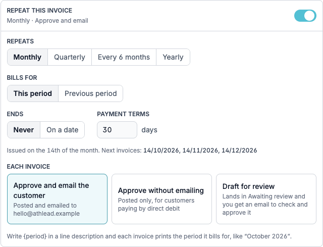 Repeat this invoice turned on, with Repeats, Bills for, Ends, Payment terms and Each invoice options