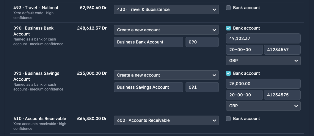 Two bank accounts ticked as Bank account, with their statement balance, sort code, account number and currency
