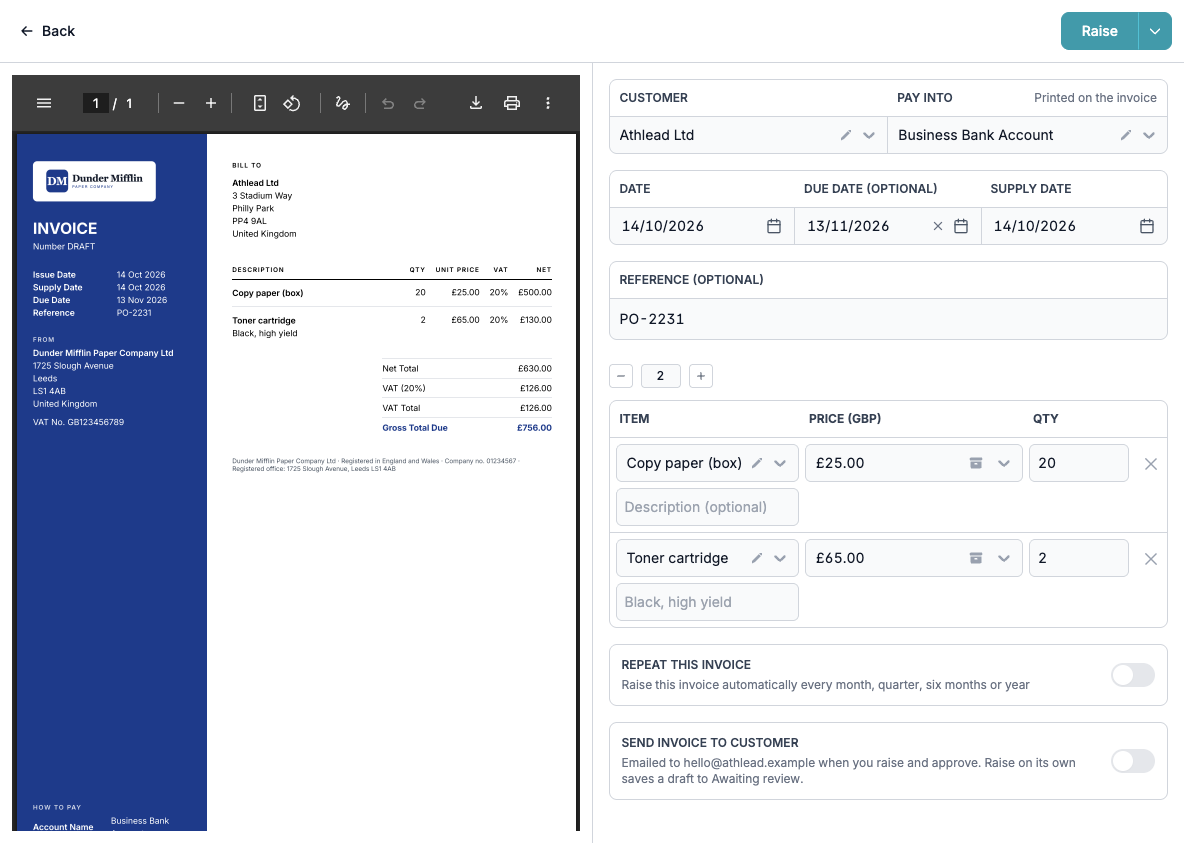 The Raise invoice page with the PDF preview on the left and the customer, dates, reference and lines on the right