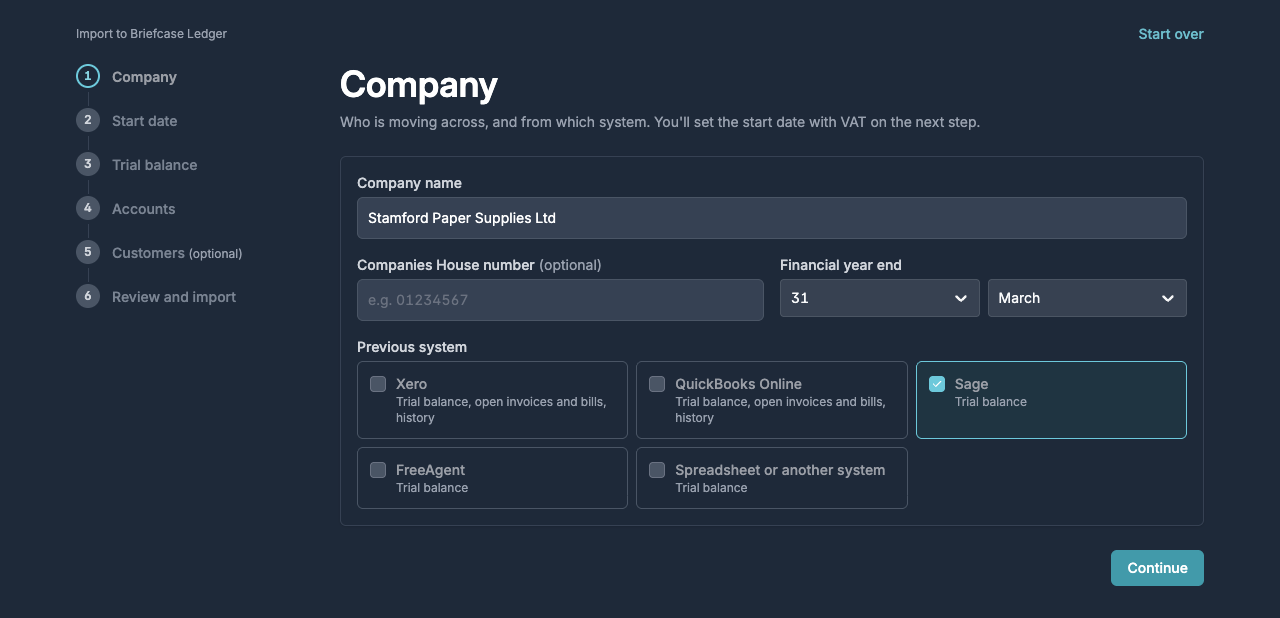 Company The Company step with Sage chosen as the previous system