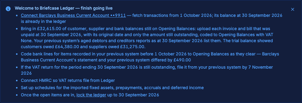 The Welcome to Briefcase Ledger checklist on the company's home page