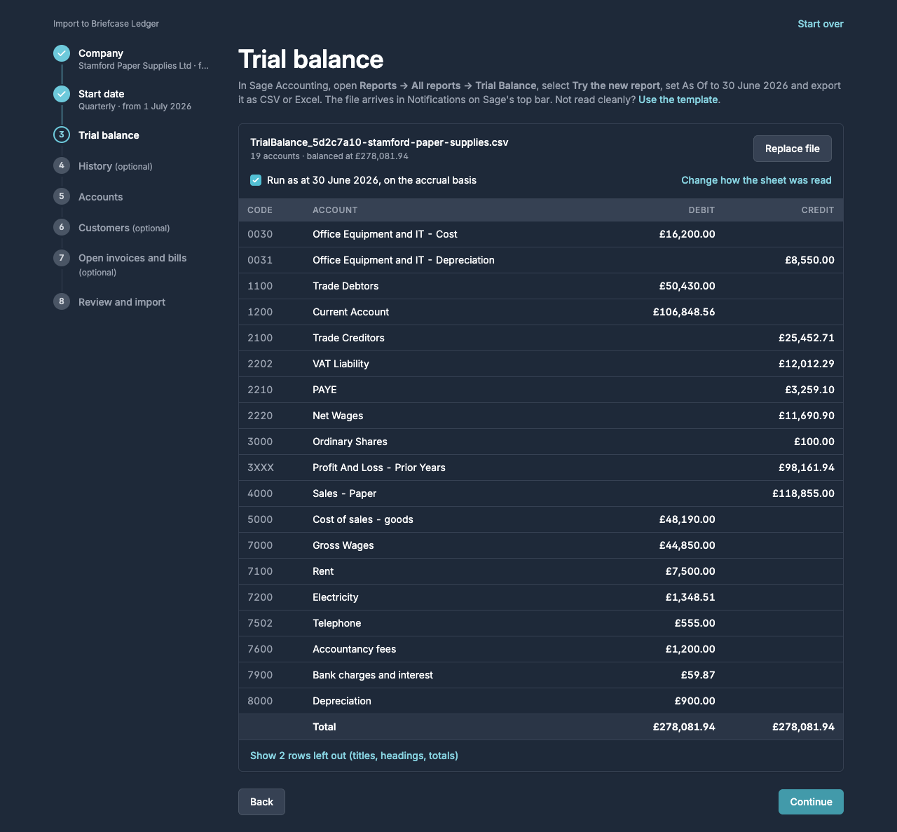 The Trial balance step showing the accounts read from Sage's new Trial Balance report