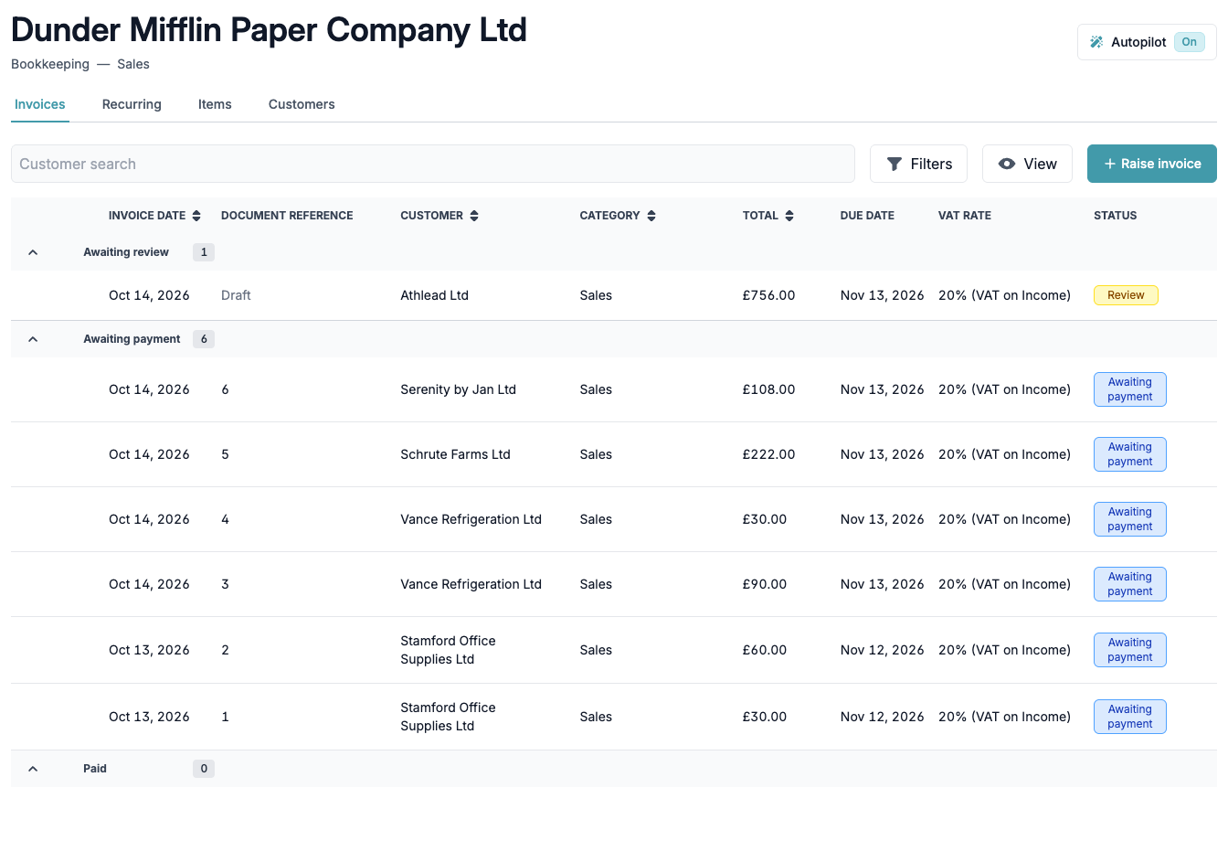 The Sales inbox with a draft under Awaiting review and approved invoices under Awaiting payment
