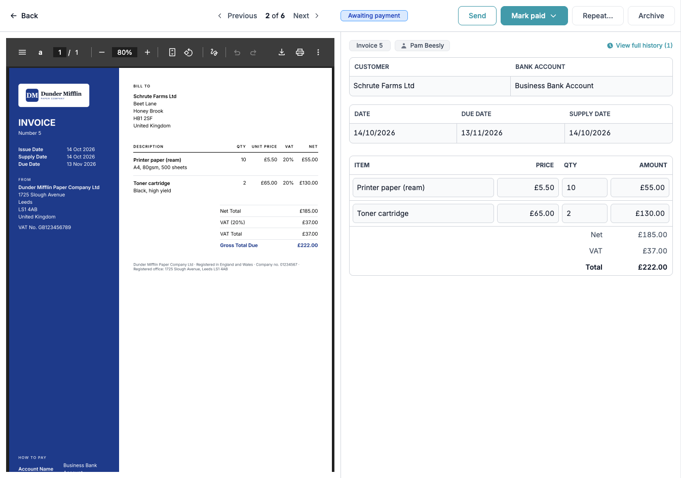 An approved invoice with Send, Mark paid, Repeat and Archive buttons