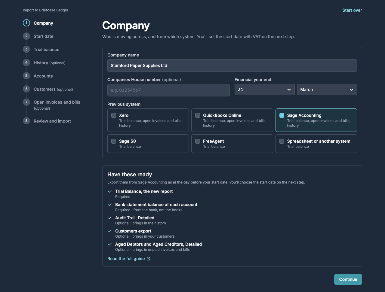 The Company step with Sage Accounting chosen and the reports to have ready