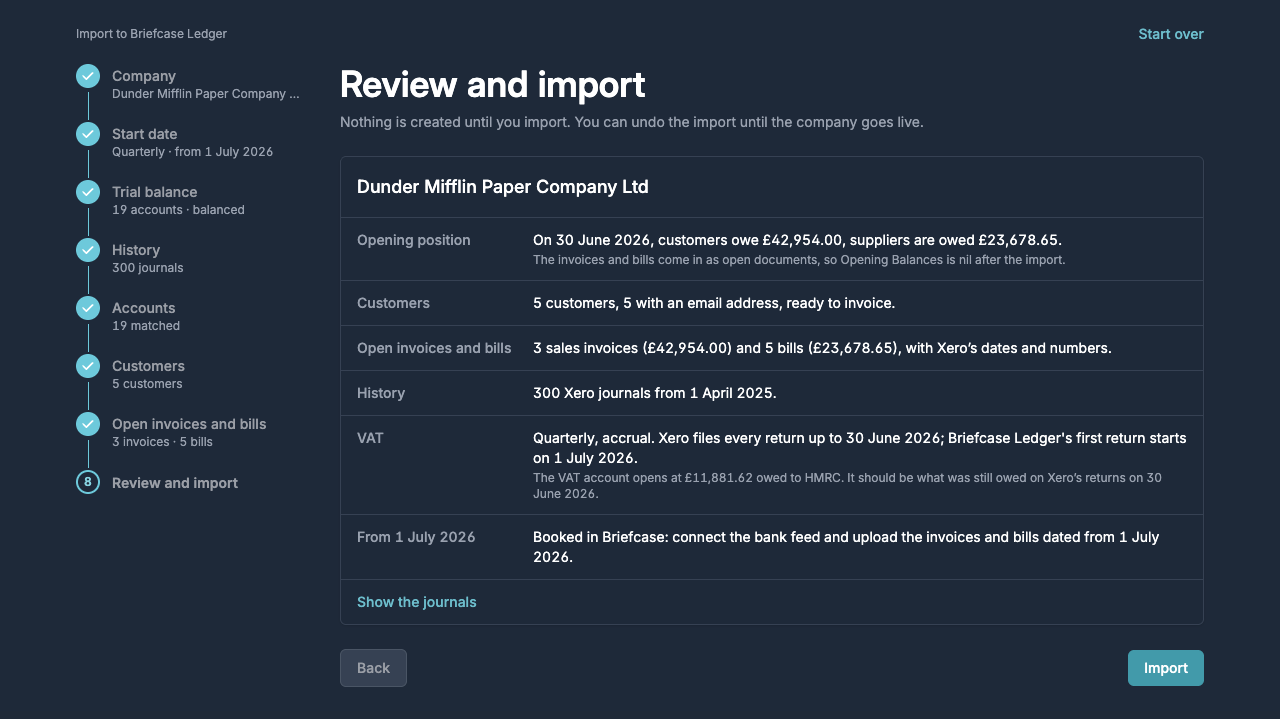 The Review and import step summarising the opening position, customers, open items, history and VAT