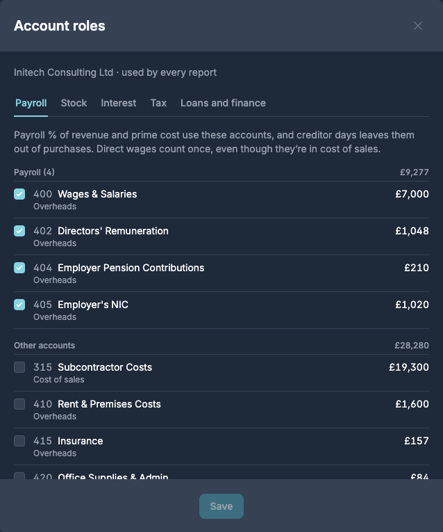 Tick the accounts for each role Account roles with the Payroll tab open, showing four payroll accounts ticked and other accounts below