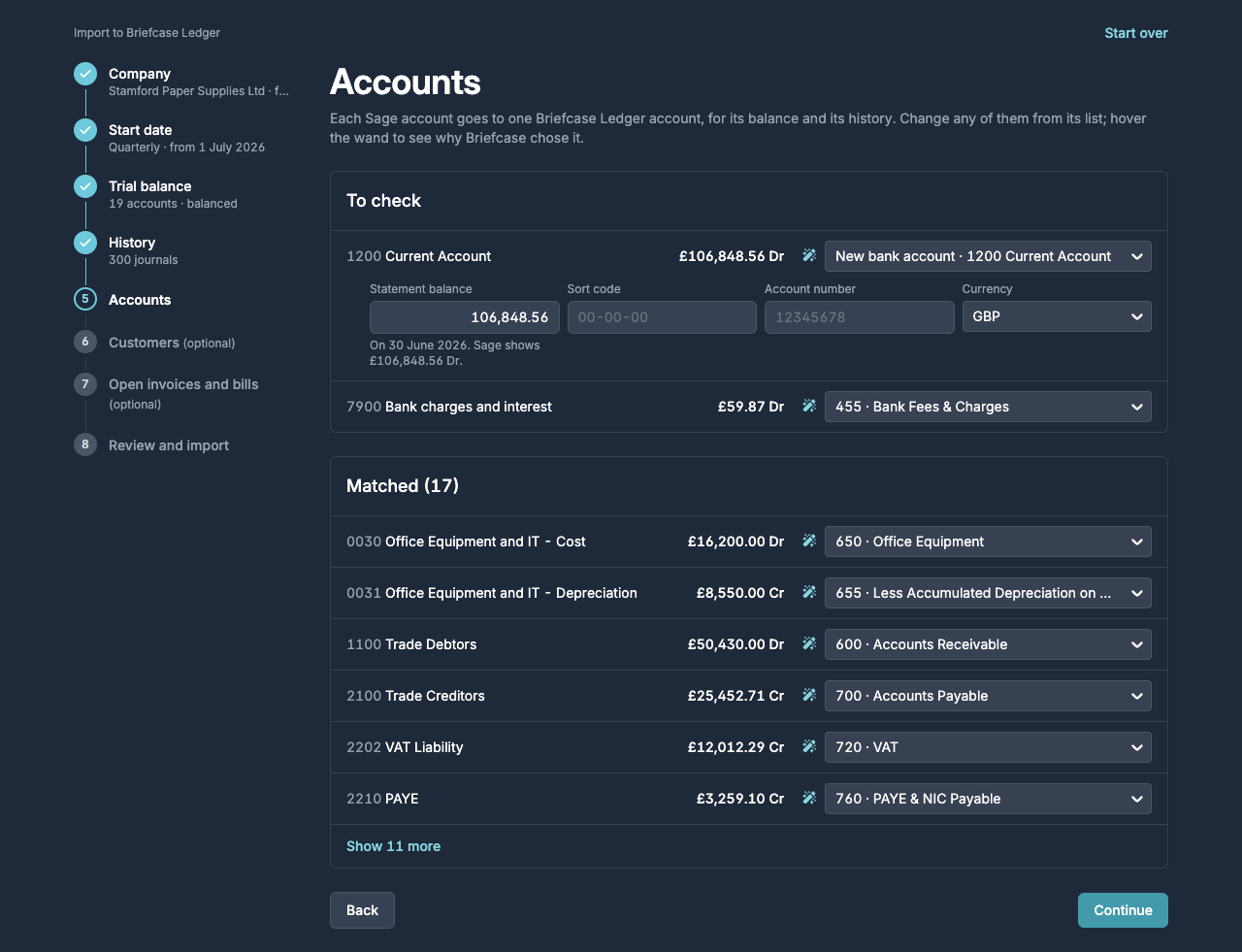 The Accounts step with the bank account details and the matched accounts
