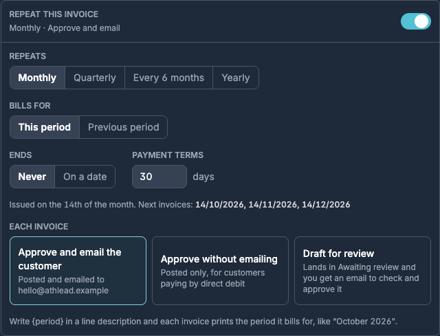 Repeat this invoice turned on, with Repeats, Bills for, Ends, Payment terms and Each invoice options