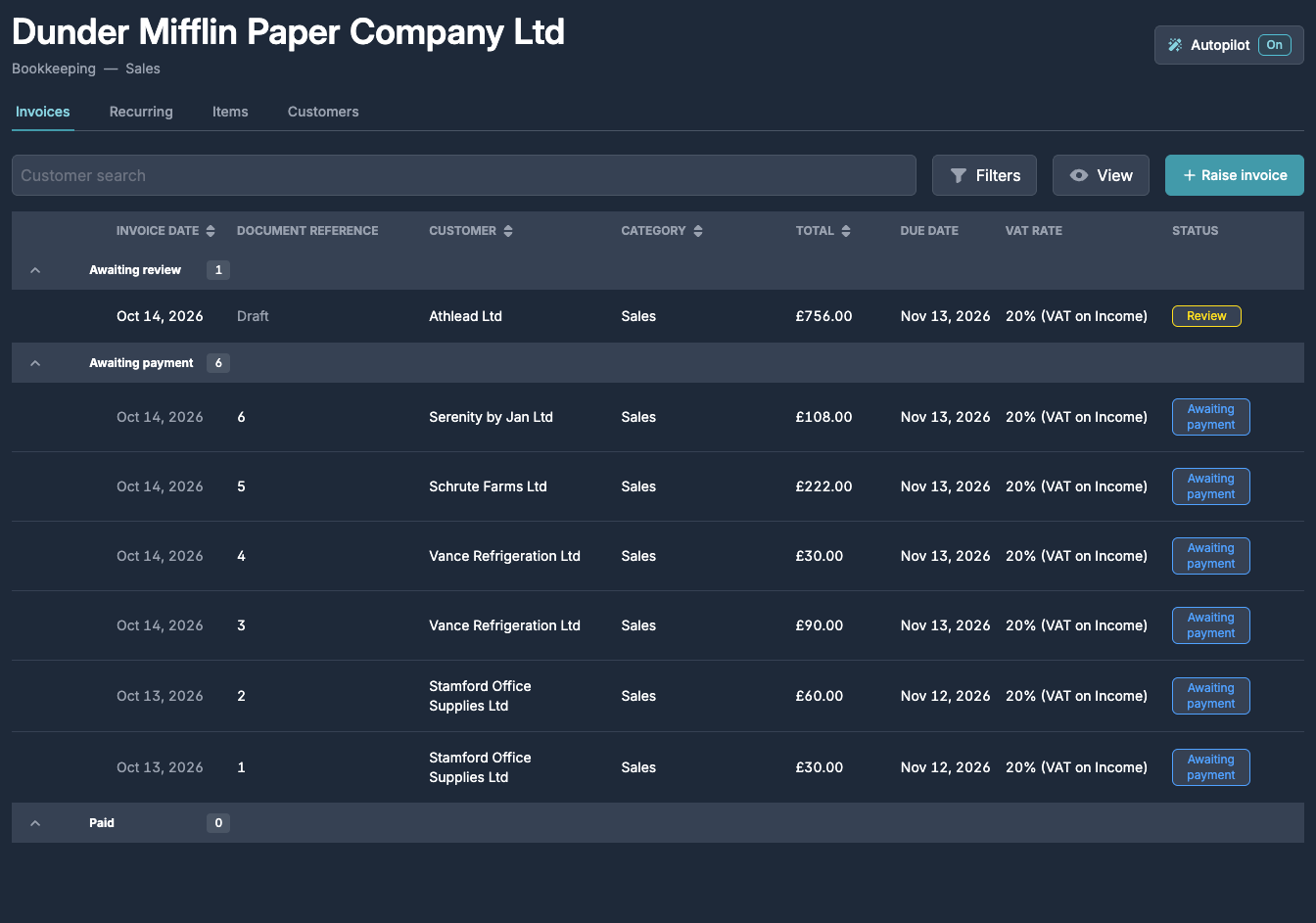The Sales inbox with a draft under Awaiting review and approved invoices under Awaiting payment