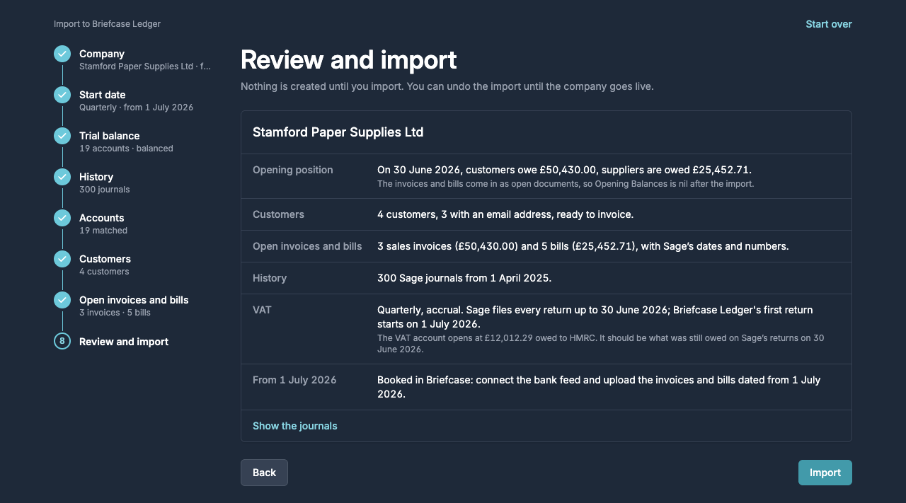 The Review and import step summarising the opening position, customers, open items, history and VAT