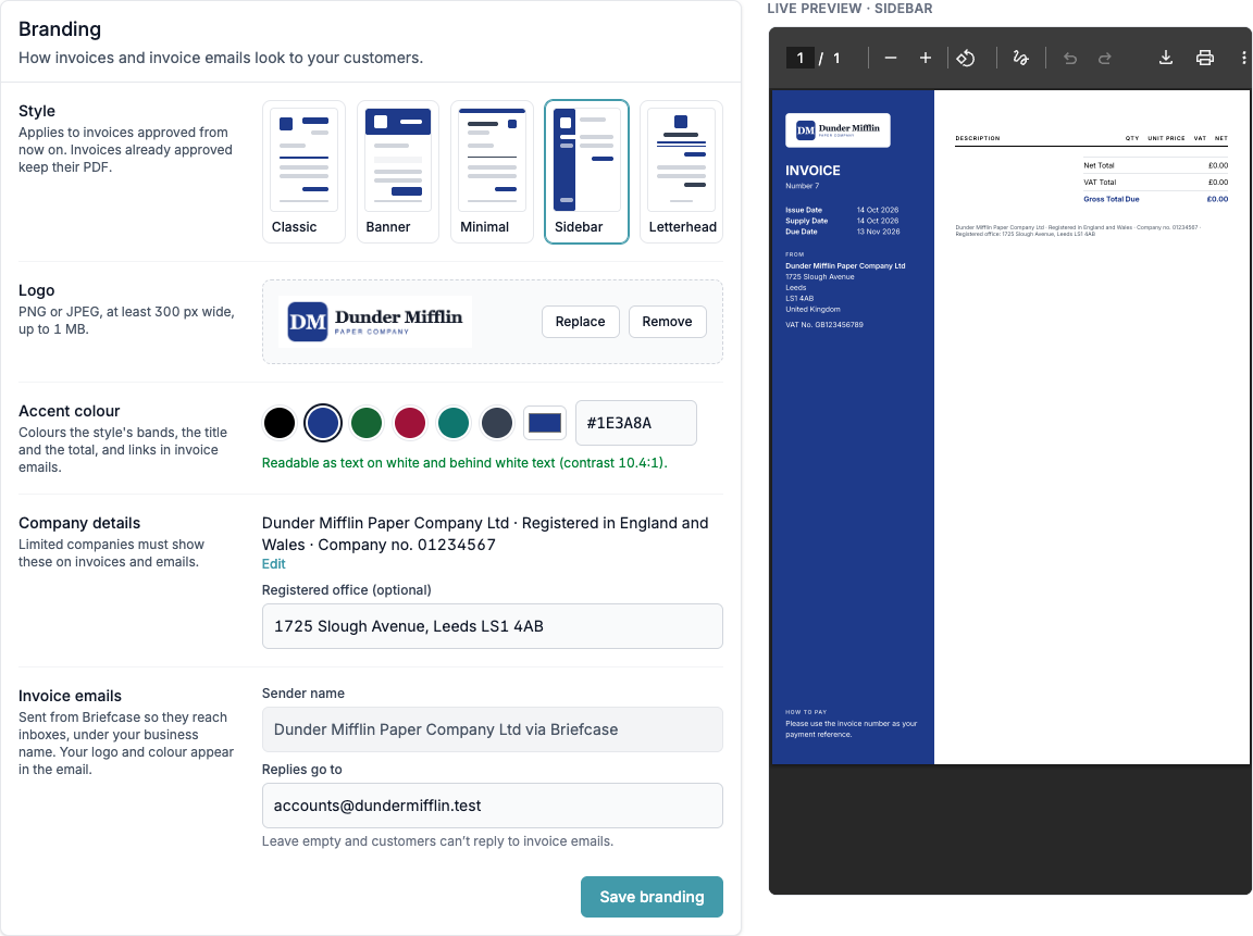 Branding settings with style, logo, accent colour, company details and invoice emails, next to a live preview