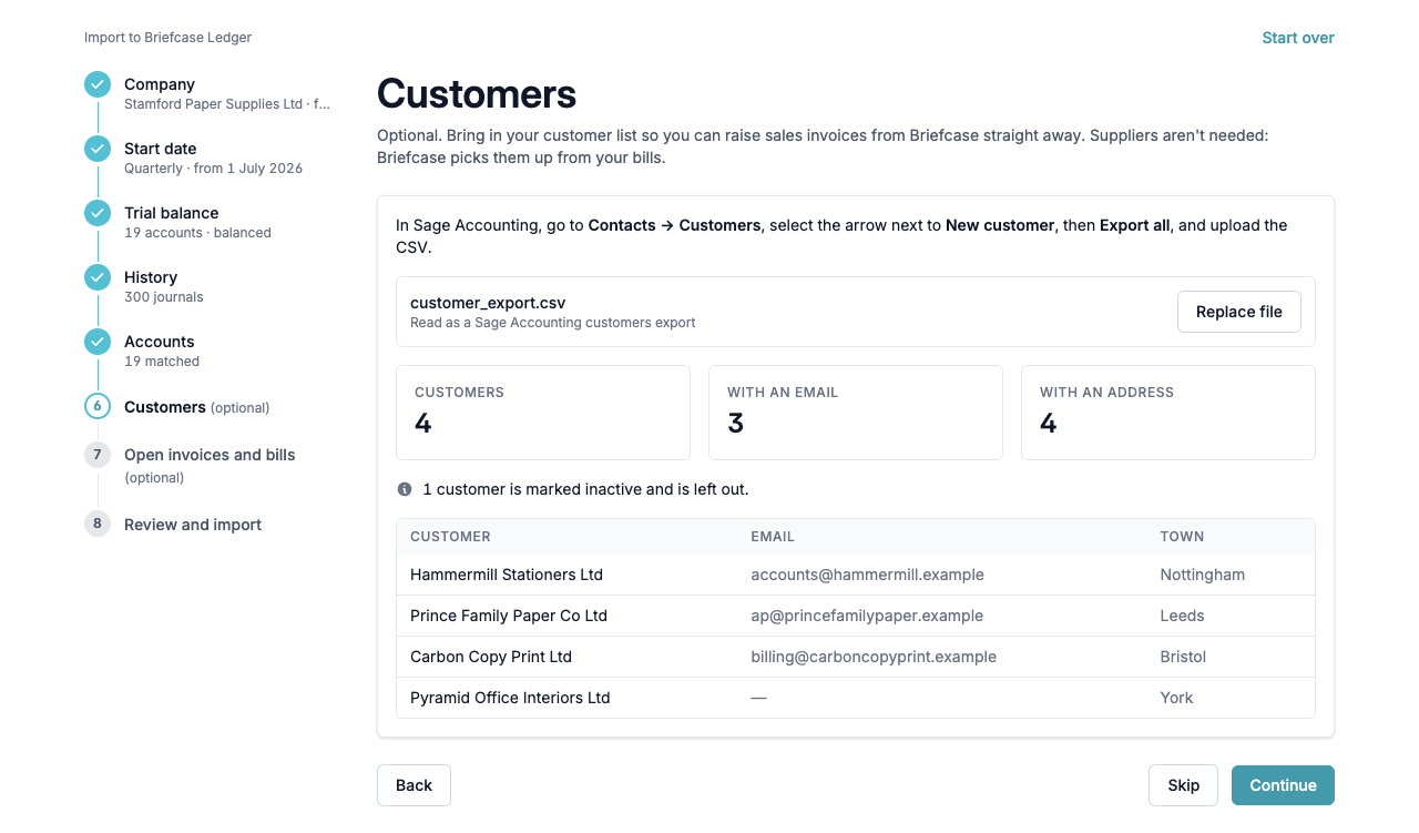The Customers step showing four customers read from the Sage export