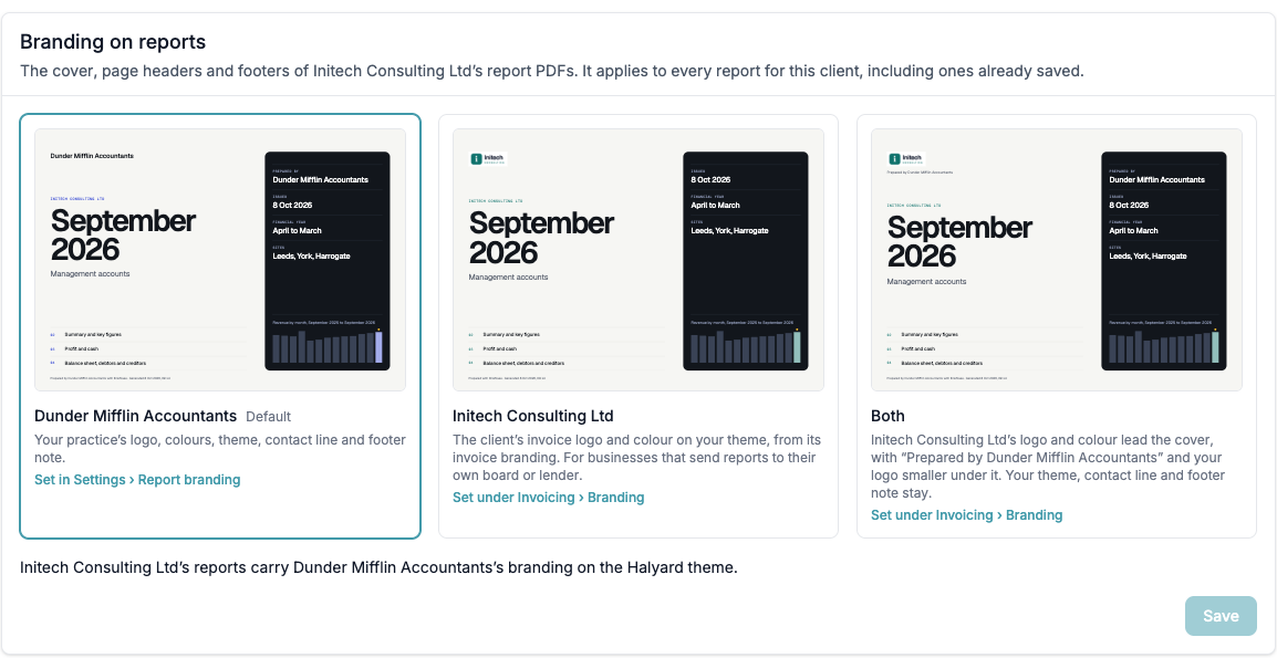 Three choices for a client's reports: the practice's branding, the client's own, or both