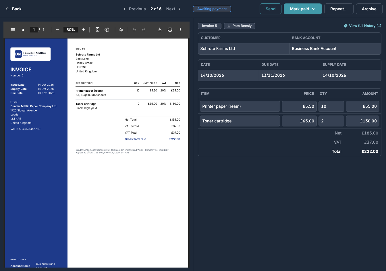An approved invoice with Send, Mark paid, Repeat and Archive buttons