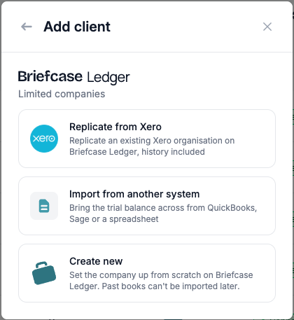 The Add client window for a limited company, with Replicate from Xero, Import from another system and Create new