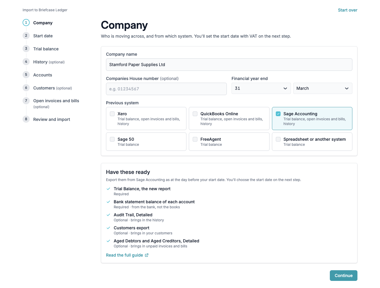 The Company step with Sage Accounting chosen and the reports to have ready