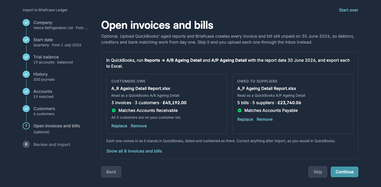 The Open invoices and bills step with both ageing reports matching their accounts