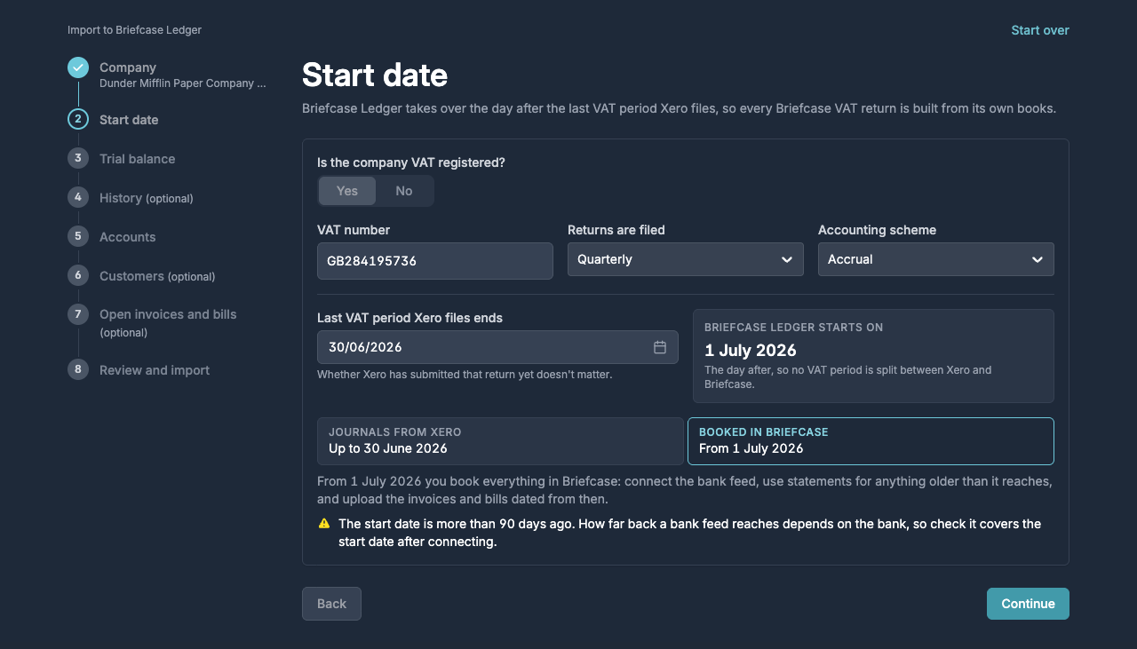 The Start date step with the VAT details and Briefcase Ledger starting on 1 July 2026