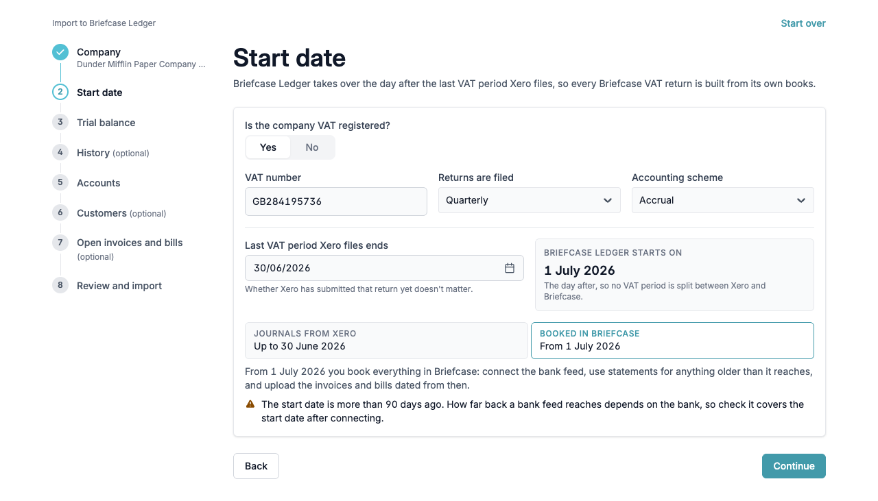 The Start date step with the VAT details and Briefcase Ledger starting on 1 July 2026