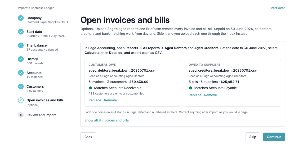 The Open invoices and bills step with both aged reports matching their accounts