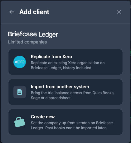 The Add client window for a limited company, with Replicate from Xero, Import from another system and Create new