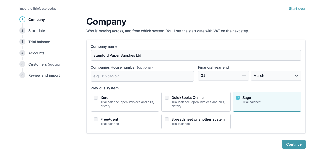 Company The Company step with Sage chosen as the previous system