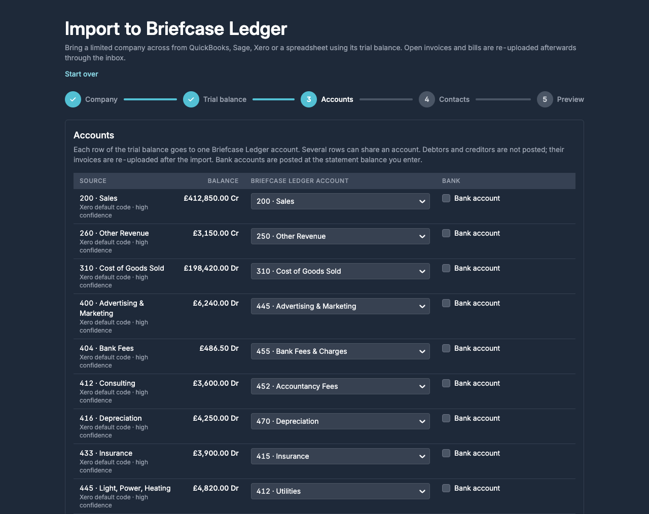 The Accounts step with each trial balance row, its balance and the suggested Briefcase Ledger account