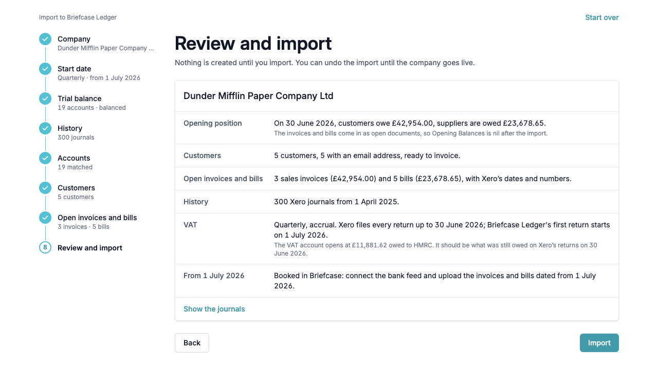 The Review and import step summarising the opening position, customers, open items, history and VAT