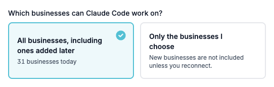 Choose the businesses it can work on The Briefcase connect page asking which businesses the assistant can work on